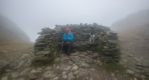 Inside Nan Bield Pass Shelter - with the weather blowing directly into our faces