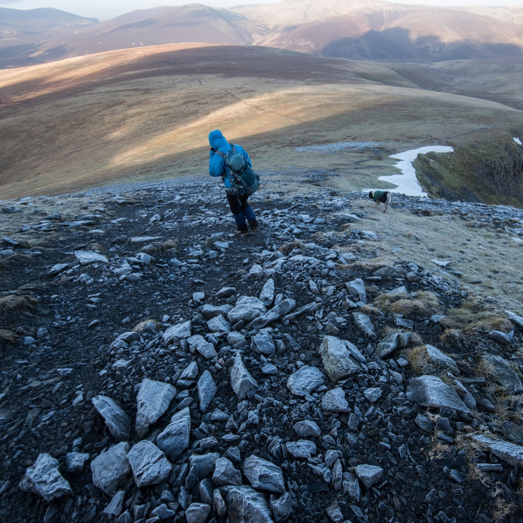 Heading away from Blencathra down the appropriately named Blue Screes, whitened by the frost.